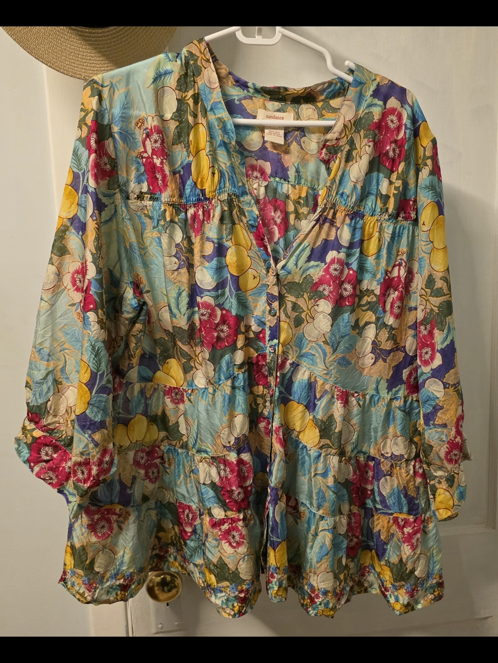 Sundance Floral Button-Front Boho Blouse in Light Blue, Yellow & Pink